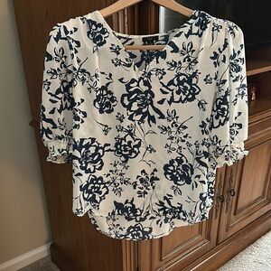 Ann Taylor Factory White and Cream Ruffled Blouse with Peter Pan Collar